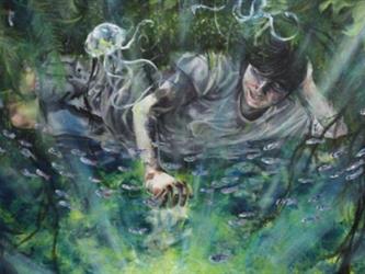 painting of boy playing with water