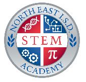 The image is the STEM logo comprised of the symbol for pi, a circuit board gears and a DNA strand.