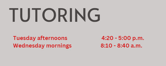  Tutoring on Tue afternoons and Wed mornings.